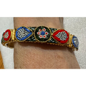 Vintage Italian Micro Mosaic Link Bracelet Gold Tone Glass Multicolor Floral
